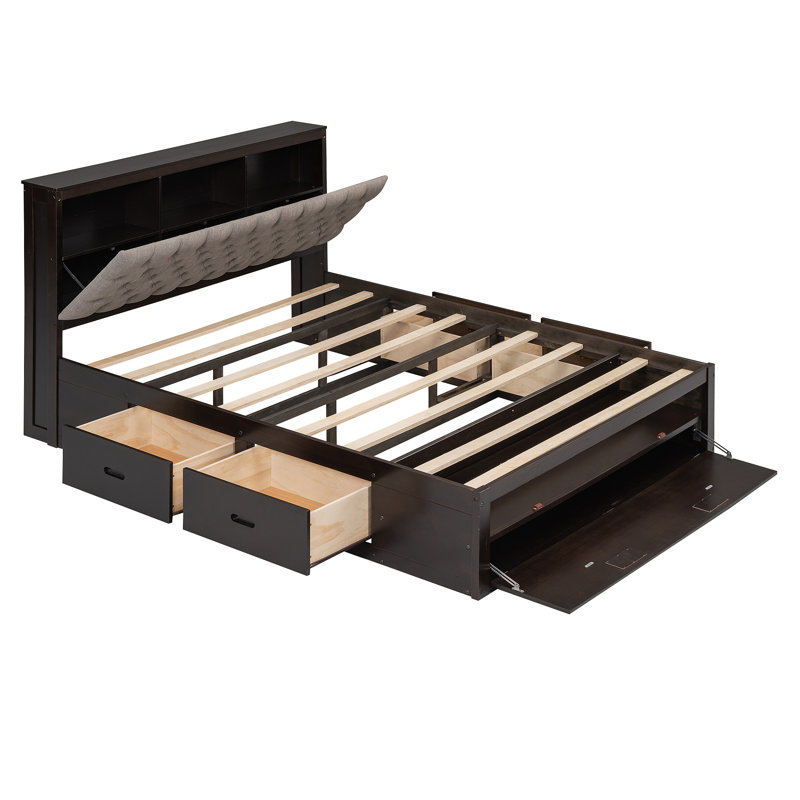 Lit plateforme en bois avec rangement pour chaussures avec tête de lit et 4 tiroirs, Espresso