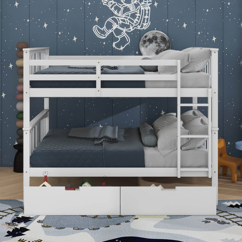 Lit superposé double au-dessus de double avec tiroirs et échelle pour chambre à coucher, Blanc