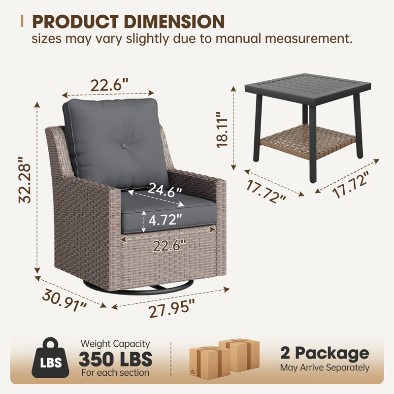 Ensemble de conversation 3 pièces pour patio avec coussins Alto, Grey