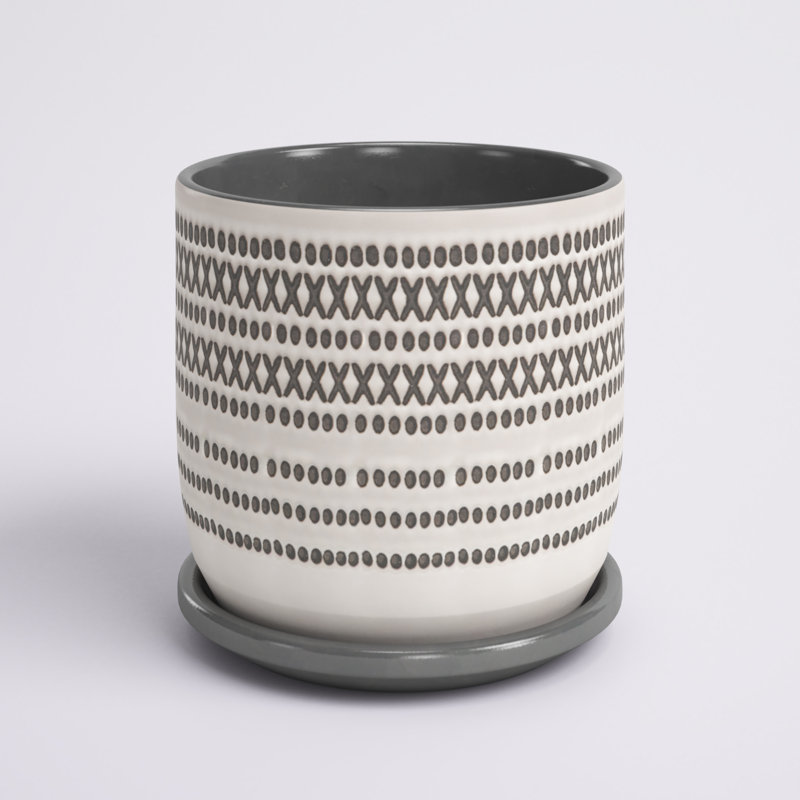 Ceramic and Cream Planter with Saucer Featuring Aztec Design, 6" H x 6" W x 6" D, Gray