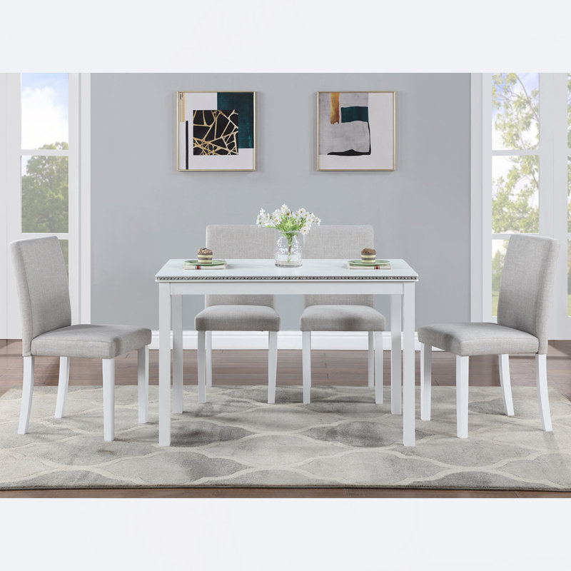 Kitchen Table Set with a Rectangular Table and 4 Upholstered Chairs, White