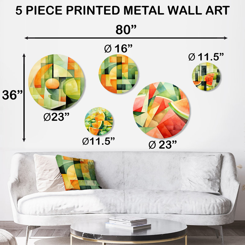Ensemble de 5 pièces d'art mural en métal vert et jaune motif melon d'eau 3