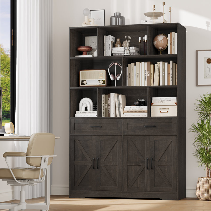 71'' H Bookcase With 2 Drawers, Dark Brown