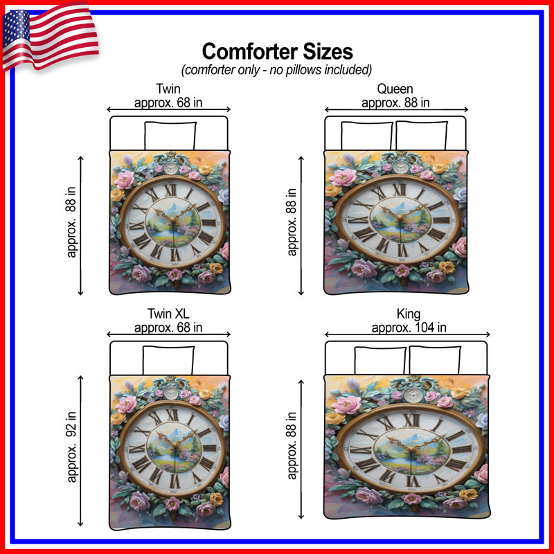 Floral Clock With Landscape Comforter, Queen
