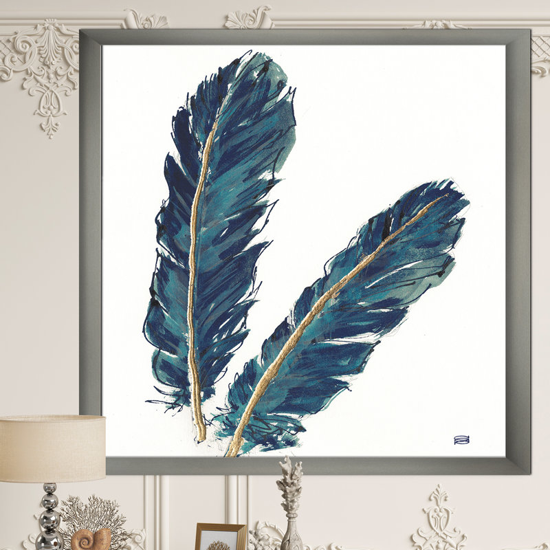 « gold indigo plumes iv »-cadre photo sur toile, H 46 po x l 36 po x P 1,5 po, Cadre argenté