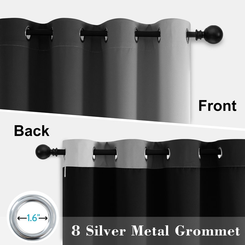 100% Blackout Ombre Curtains,Room Darkening Grommet Gradient Drapes for Bedroom, Black, 52" W x 72" L