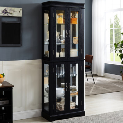 Armoire en verre à six niveaux avec éclairage intégré, cloison mobile, plateau carré élégant pour le rangement du vin, tablettes personnalisables, charnière lisse et