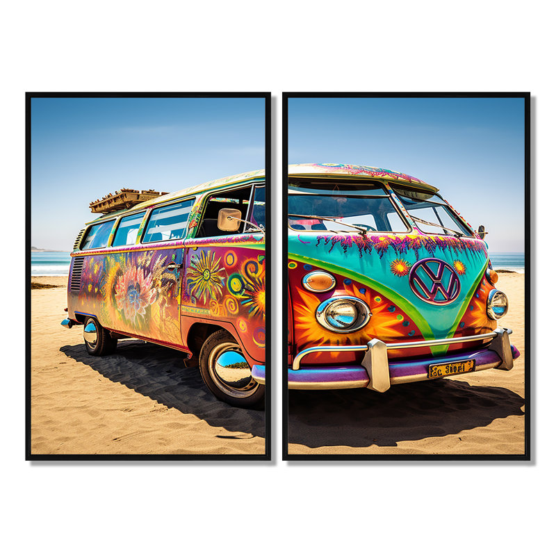 «Magic Hippie Bus On The Beach I» - Décoration murale moderne jaune, Black, 36" H x 48" W, Impression encadrée flottante