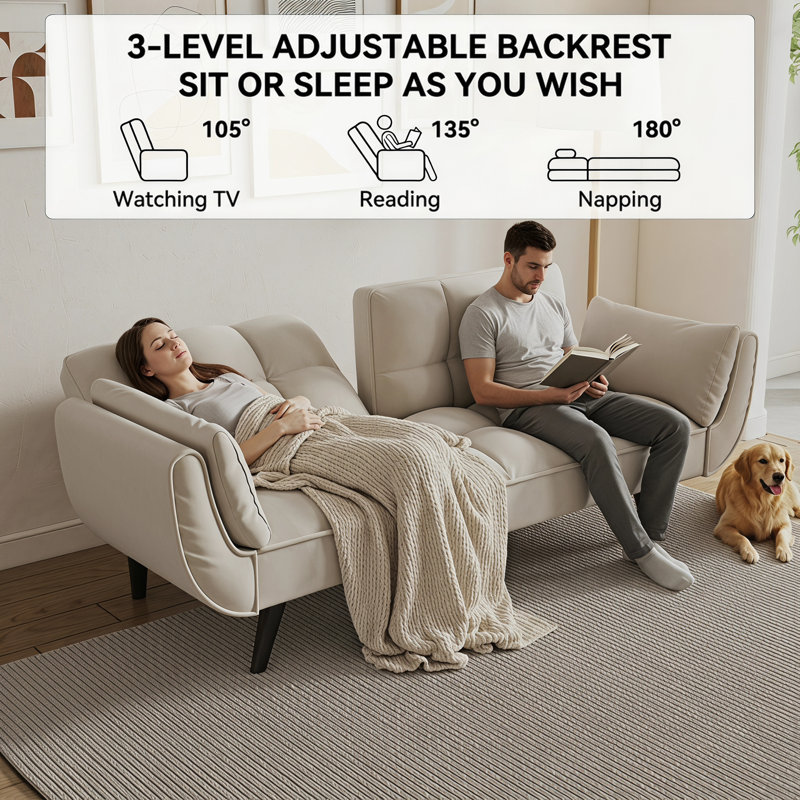 Veleria Modern 74” Velvet Folding Sofa Bed for Living Room and Bedroom, Beige Velvet