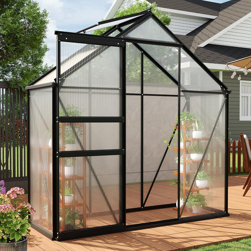 6x3FT Walk-in Polycarbonate Greenhouse, Aluminum Frame, Roof Vent, Lockable Door, Ground Nails for Garden, Natural Wood