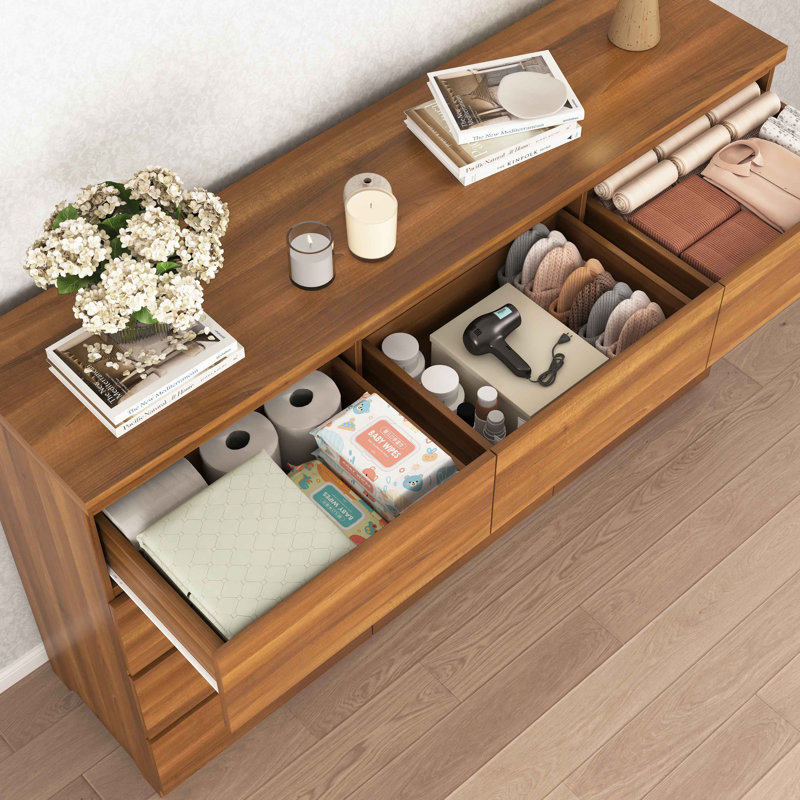 Commode 12 tiroirs double, commode en bois moderne avec grand espace de rangement pour la chambre à coucher, Noyer, Noyer