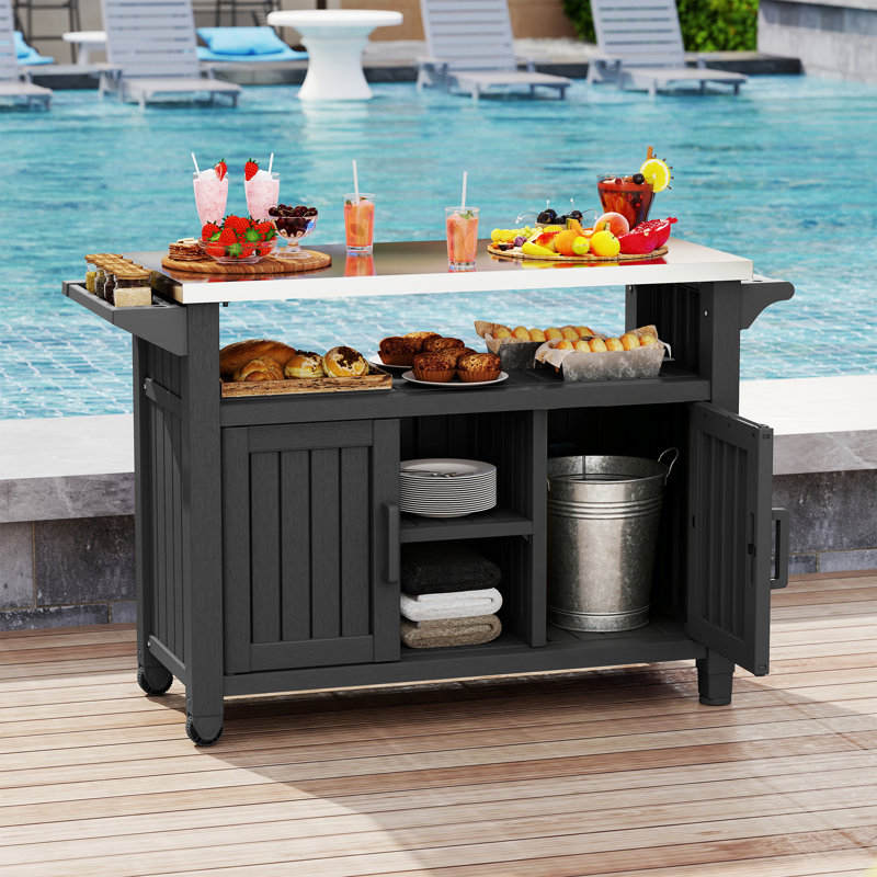 Kitchen Cart With Big Storage Cabinet, Movable Outdoor Dining Cart , Black