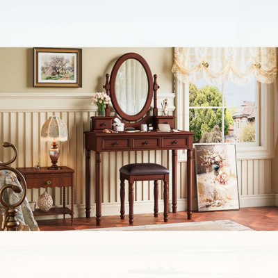 Vintage Wooden Vanity Desk with Adjustable Mirror and 5 Velvet-Lined Drawers, Includes Cushioned Stool, Walnut Finish