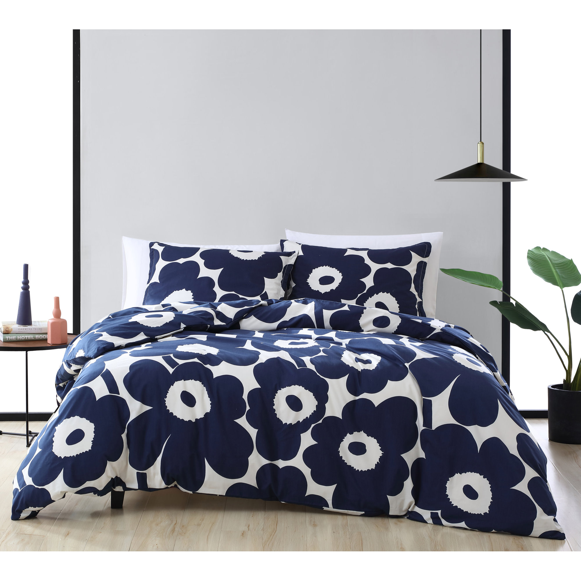 Marimekko Unikko Cotton Comforter Set, Queen Comforter + 2 Standard Shams, Indigo Blue/White
