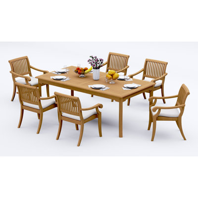  Ensemble de salle à manger 7 pièces en bois de teck de qualité A: table rectangulaire de 83 po et fauteuils empilables Appel # 11AB1806