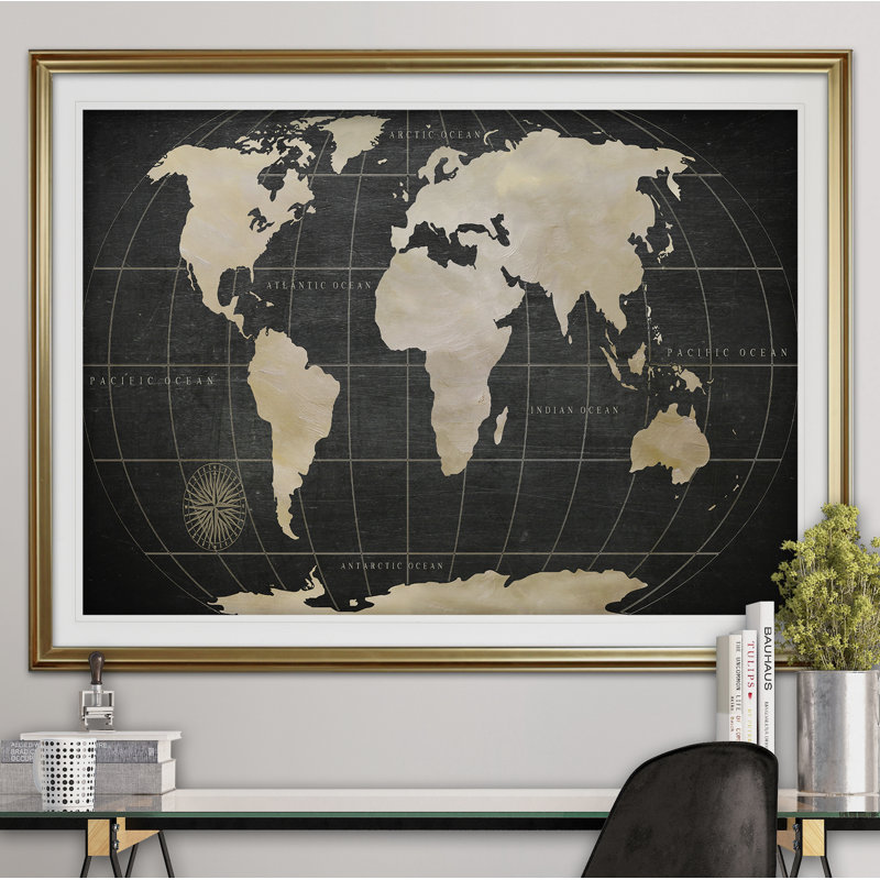 Carte du monde rétro - reproduction de cadre photo, H 28 po x l 38 po x P 1,5 po, Or