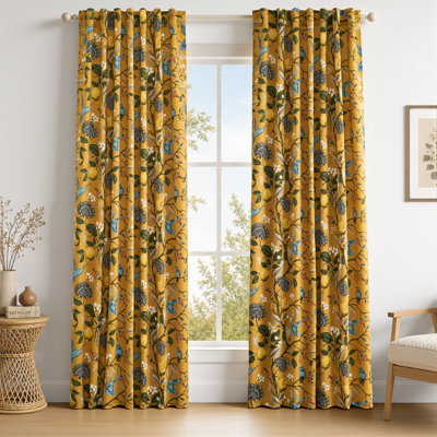 Fancy Hummingbird Patterned Room Darkening Curtain,Rod Pocket Back Tab Floral Drapes,Set of 2