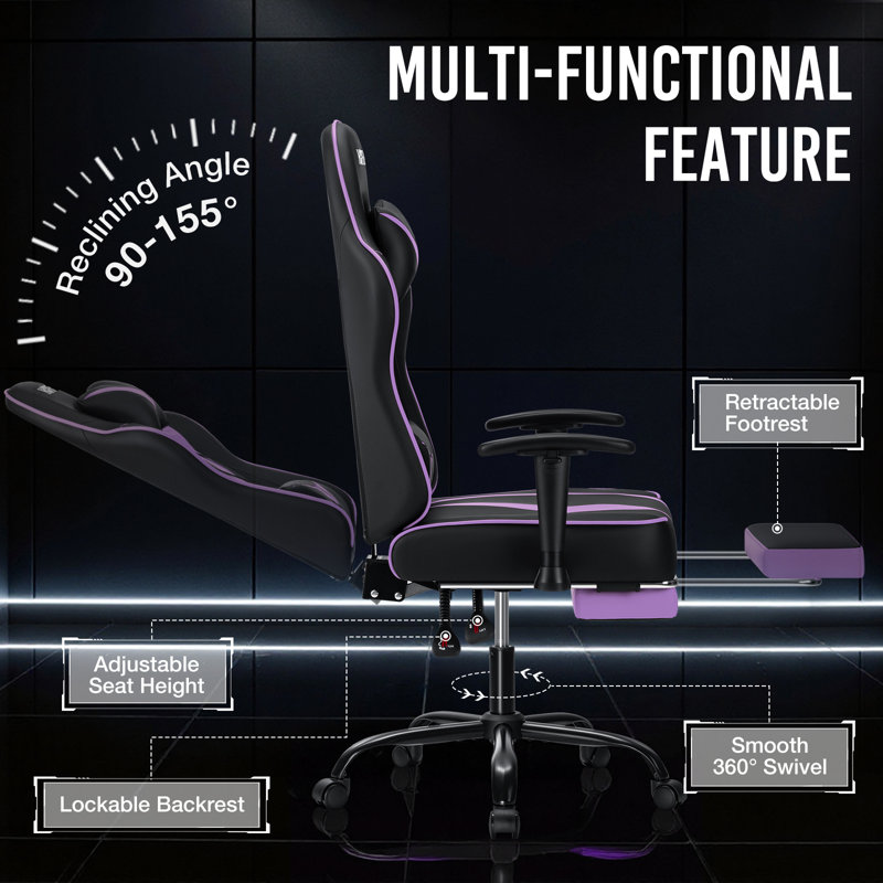 Fauteuil de jeu ergonomique à massage avec accoudoirs réglables, Mauve