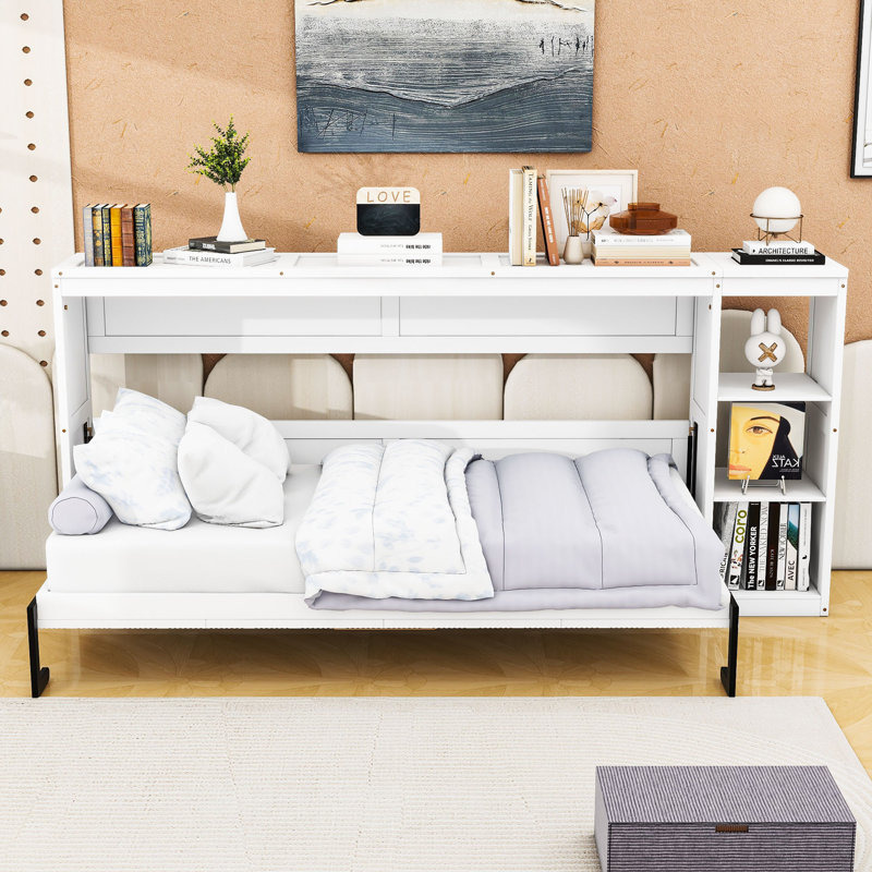 Lit escamotable en bois avec tablettes intégrées, Blanc, Simple