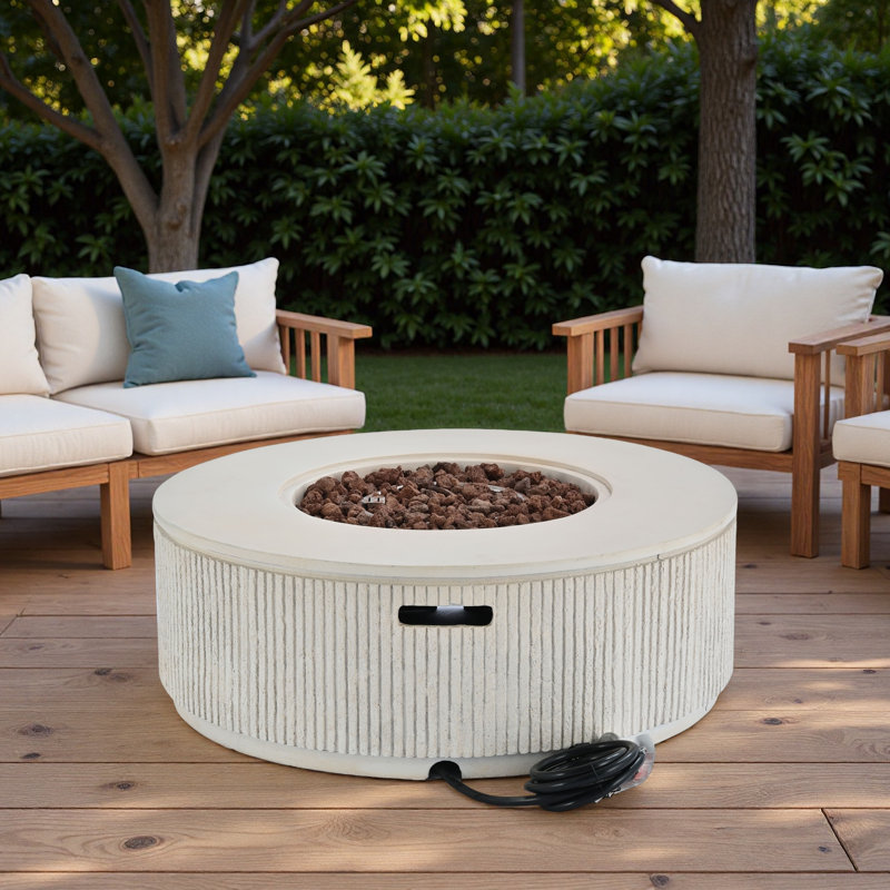 Mgo Propane Outdoor Round Fire Pit With Vertical Stripe Design, Steel Burner, Adjustable Flame Control, Lava Rocks And Rain Cover