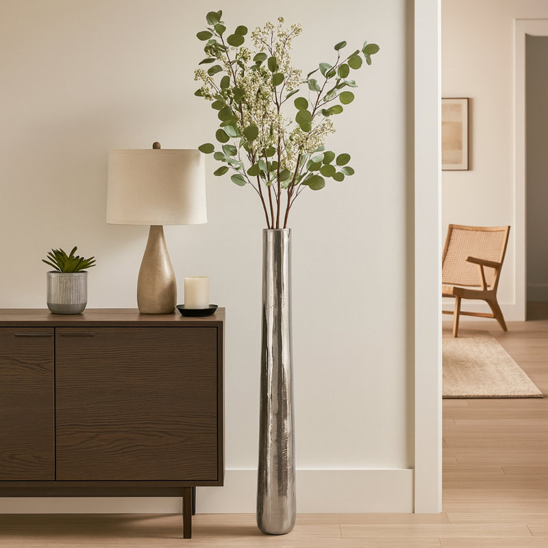 Sagebrook Home 58" Rounded Etched Metal Floor Vase, Silver, 58"