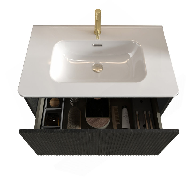 Meuble-lavabo flottant rayé en chêne noir brossé de 30 po avec lavabo en céramique blanche, meuble-lavabo pour salle de bain moderne, lavabo une pièce sans drain, pré-assemblé