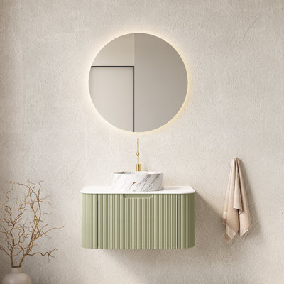 Meuble-lavabo de 30 po avec lavabo rond en céramique blanc et motif de pierres, armoire rayée 3D, pré-assemblé, rangement généreux, système de fermeture en douceur