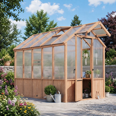 Ensemble de serre d'extérieur pour patio en bois de cèdre et polycarbonate de qualité supérieure l 6 pi 5 po x P 10 po avec pergola Ephrata, prise de courant design, plomberie et robinet Fans