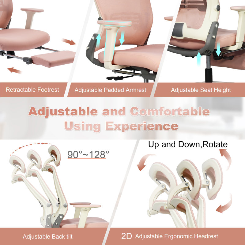 Foldable Office Chair with Foot Rest, Ergonomic Mesh Office Chair with Adjustable Lumbar Support, Headrest, Armrest, Home Office Desk Chairs for Space Saving