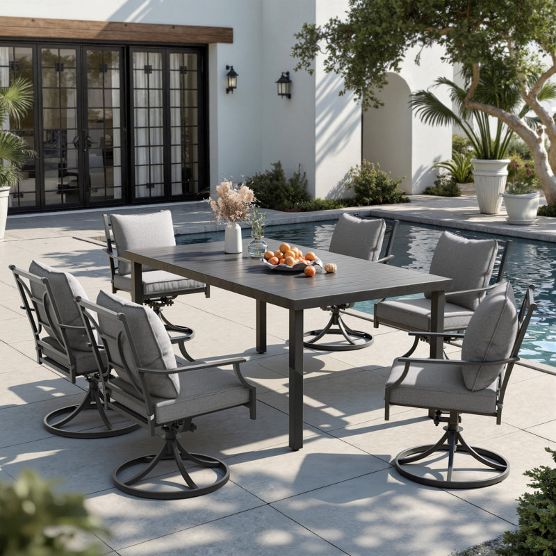 Ensemble de salle à manger pivotant en métal pour 6 personnes avec table rectangulaire et chaises ergonomiques rembourrées
