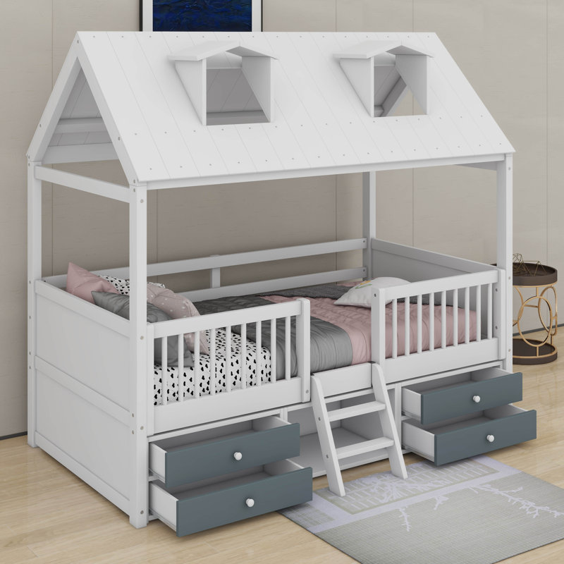 Twin Size Wood House Bed, White