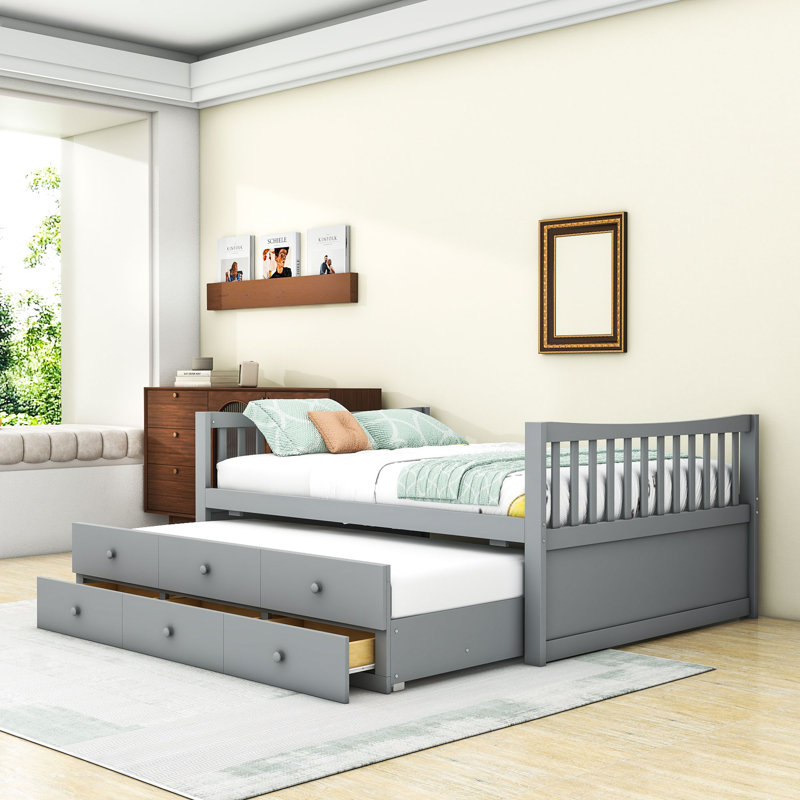 Full-Size Daybed with Pull-Out Twin Trundle and Storage Drawers, Gray