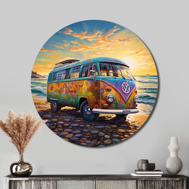 «Magic Hippie Bus On The Beach - Transport», art en métal rond, H 16 po x l 16 po