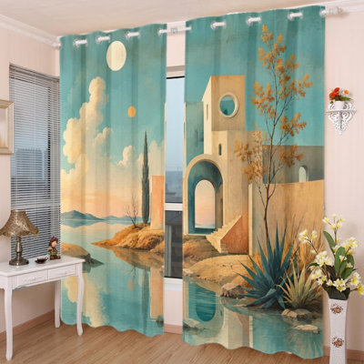 2 PCS rideaux occultant avec œillets, rideaux à imprimé abstrait architectural méditerranéen, isolant thermique, réducteur de bruit, protection de la vie privée, paravents décoratifs obscurcissants pour le salon