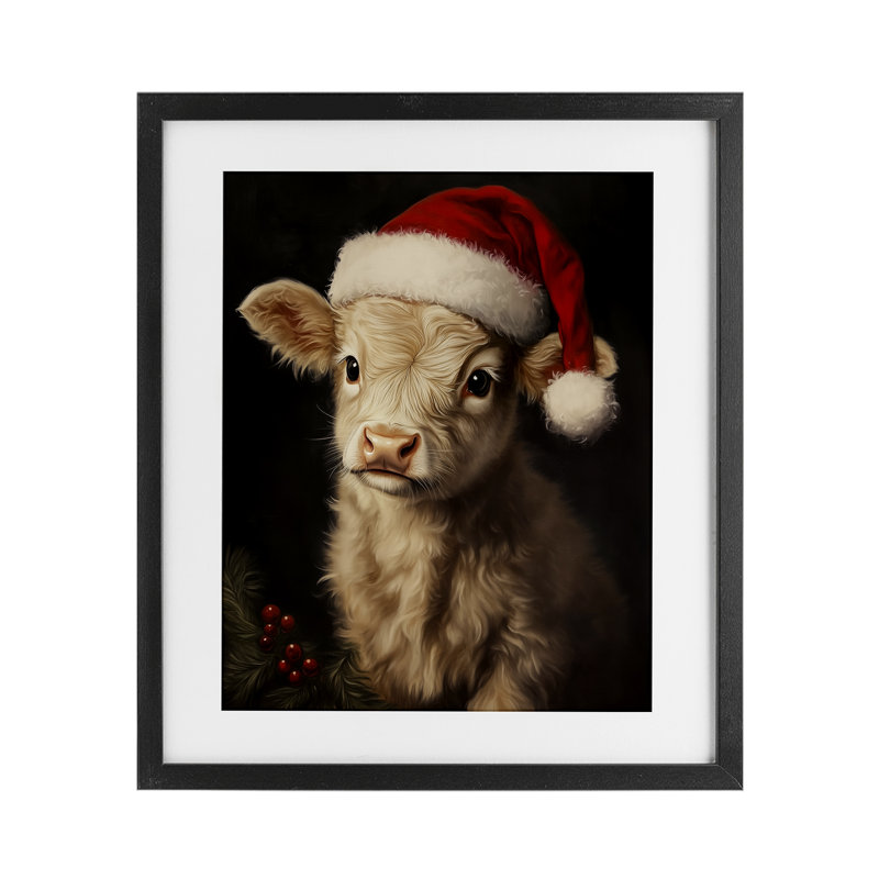 «Christmas Hat Highland Cow», reproduction sous verre encadrée, design par Arlington Prints, H 16 po x l 13 po