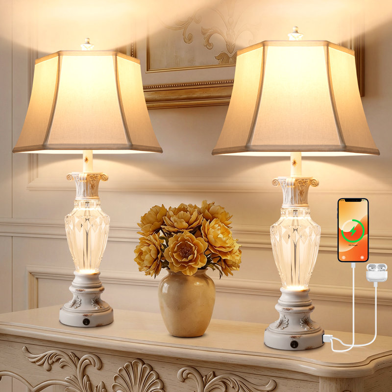 28.5" Farmhouse Table Lamps Set of 2 with USB Ports, 3-Way Color Temperature & Nightlight Base, White Resin Bedside Lamps
