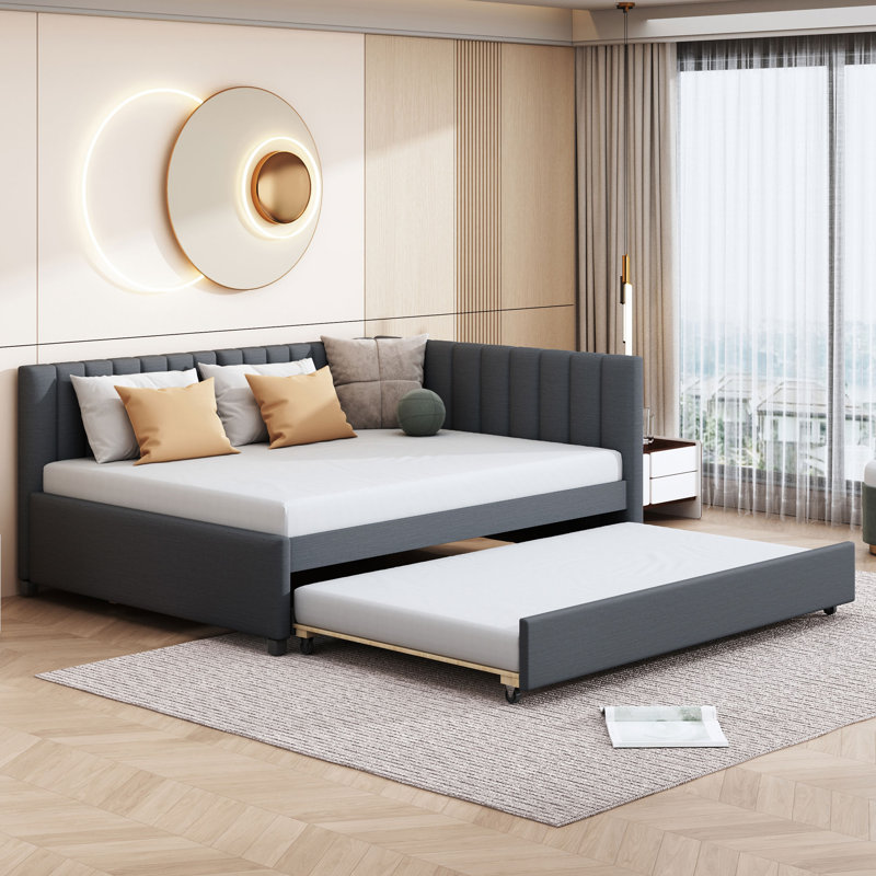 Boden Linen Upholstered Daybed with Trundle & Wooden Frame, Gray