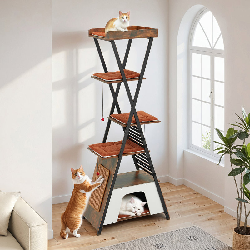 72" Modern Cat Tree Tower - Multi-Level Condo with Sisal Scratching Board, Cozy Caves, Extra Large Perch & Washable Pads