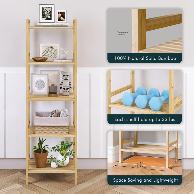 Natural Bamboo 5-Tier Adjustable Tall Bookshelf With Open Shelves For Small Spaces