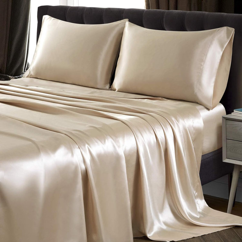 Queen Size 4-Piece Satin Bedding Set, Super Smooth & Soft Beige Satin Bed Linens with Deep Pockets. Package includes 1 fitted sheet, 1 flat sheet and 2 envelope style pillowcases.