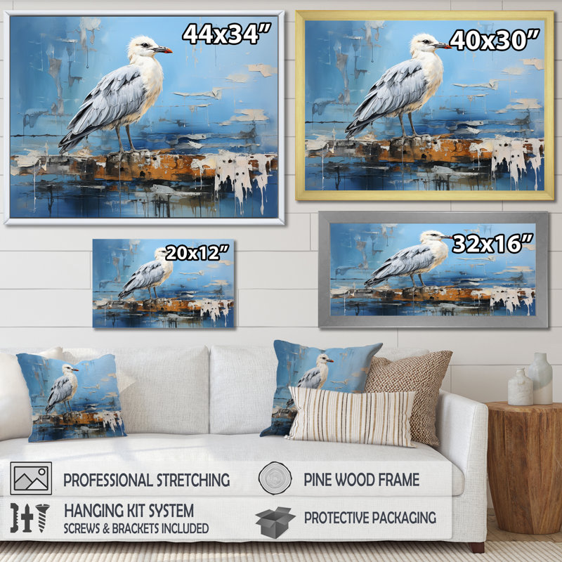 «White and Blue Seagull Tranquility», reproduction sur toile, Cadre flottant doré, H 30 po x l 40 po x P 1,5 po