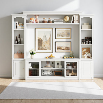 Meuble télé tout-en-un moderne avec bibliothèque pour téléviseur de 65 po ou moins, centre de divertissement avec 4 tablettes réglables, portes en verre trempé, armoire de rangement, meuble télé spacieux