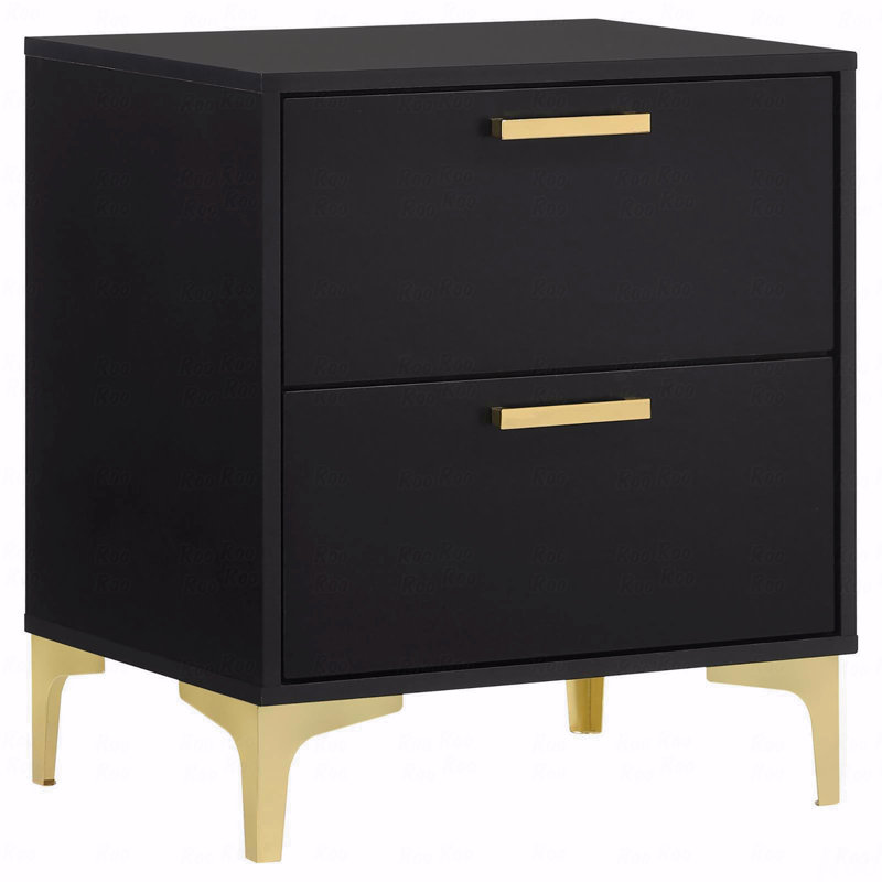 Black And Gold 2-Drawer Rectangular Nightstand, Black