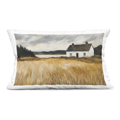 White House On Wheat Decorative Printed Throw Pillow design by Petal Prints Design