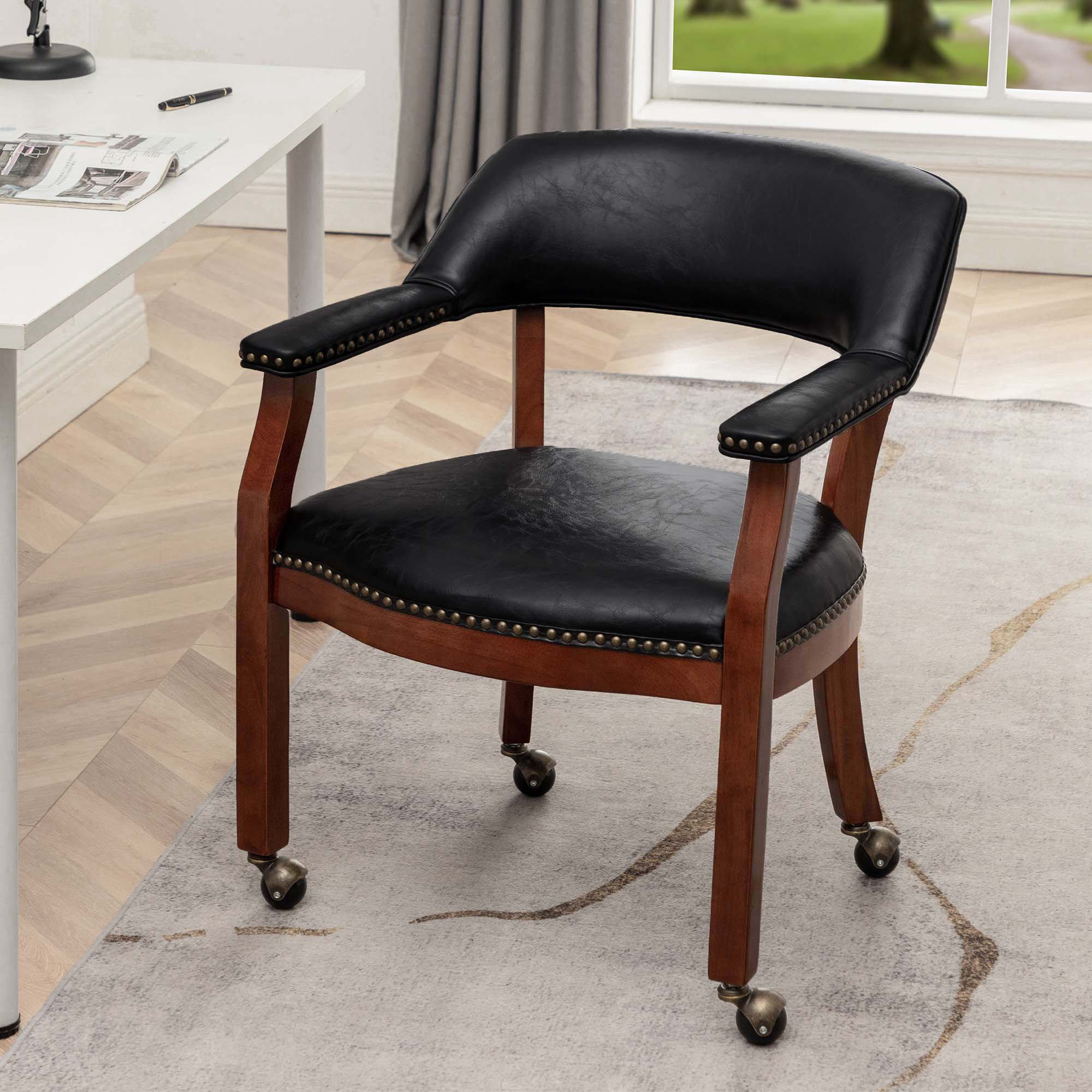 Lark Manor Arlex Vegan Leather Dining Chairs With Casters And Arms 