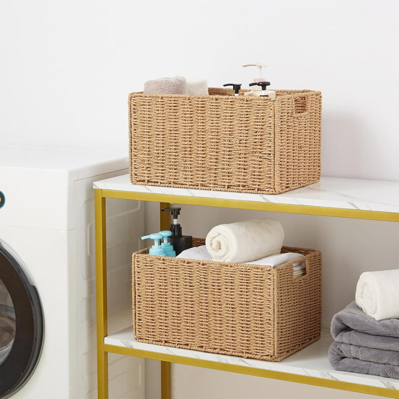 Wicker Storage Basket, Set Of 2 Hand-Woven Paper Rope Wicker Basket, Small Storage Baskets For Organizing Toilet Paper Basket, Foldable Large Cube Storage Organizer Bins For Shelves