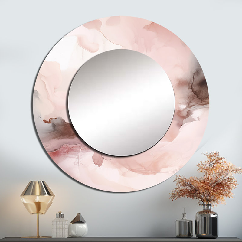 Placidia rose délicat abstrait marbre III - miroir décoratif en marbre, grand miroir mural rond moderne, impression d'art en métal