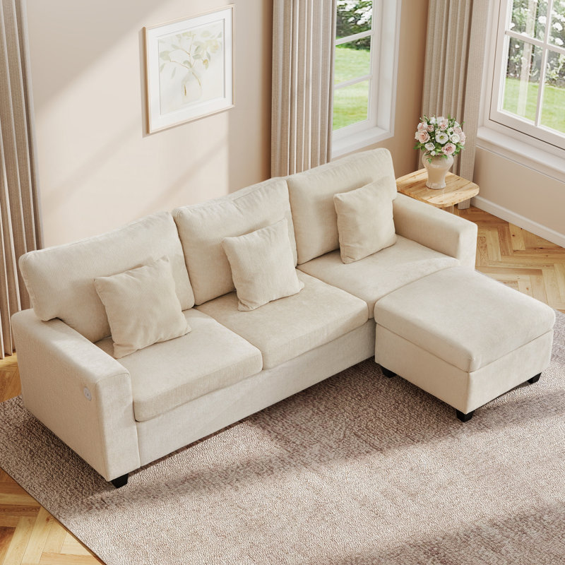 L-Shaped Sectional Sofa with Ottomans And Charging Station, Beige