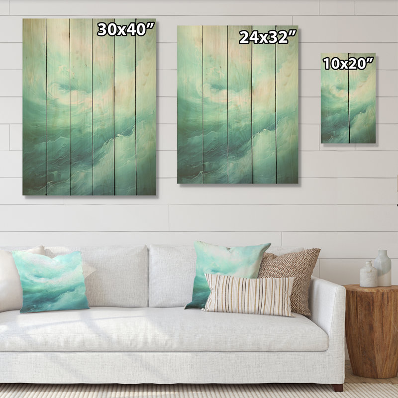 Tempête sarcelle et expression de vagues - art côtier sur bois de pin naturel, H 32 po x l 24 po