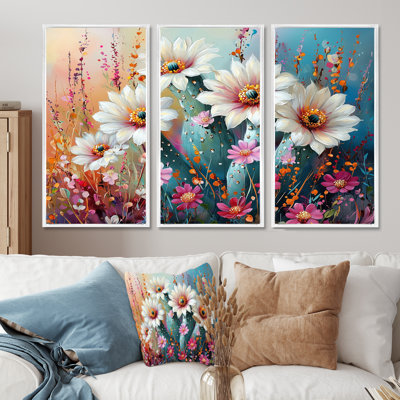 Cactus blanc et rose - Art mural cactus - 3 panneaux